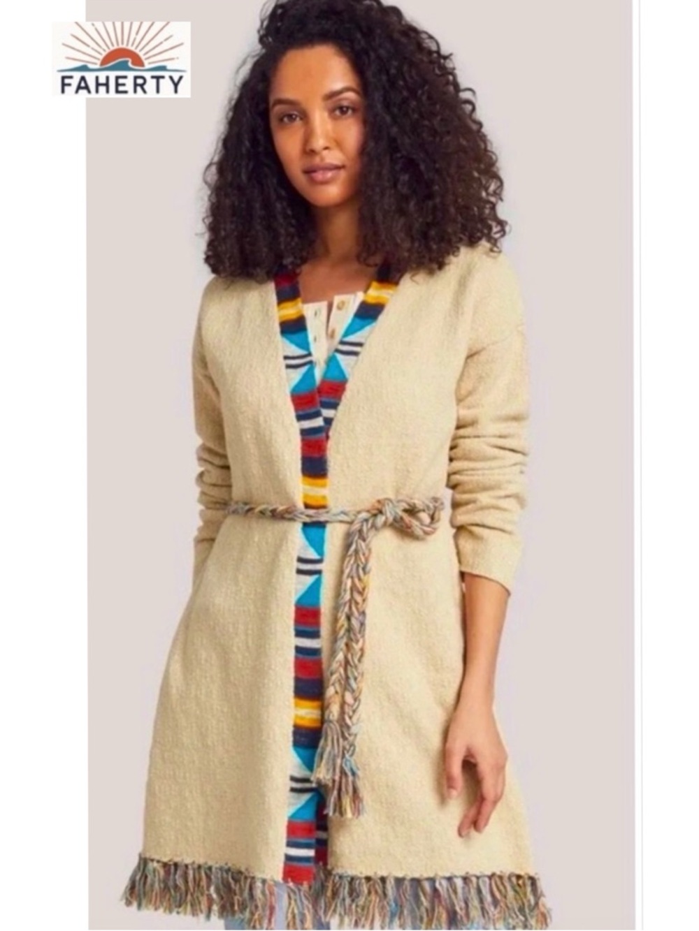 NWT Faherty Crow Stripes Duster Cardigan Braided Belt Border Stripe Ivory M / L